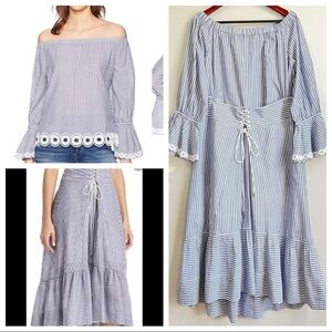 T Tahari Irena stripes prints midi skirt off shoulder top sets